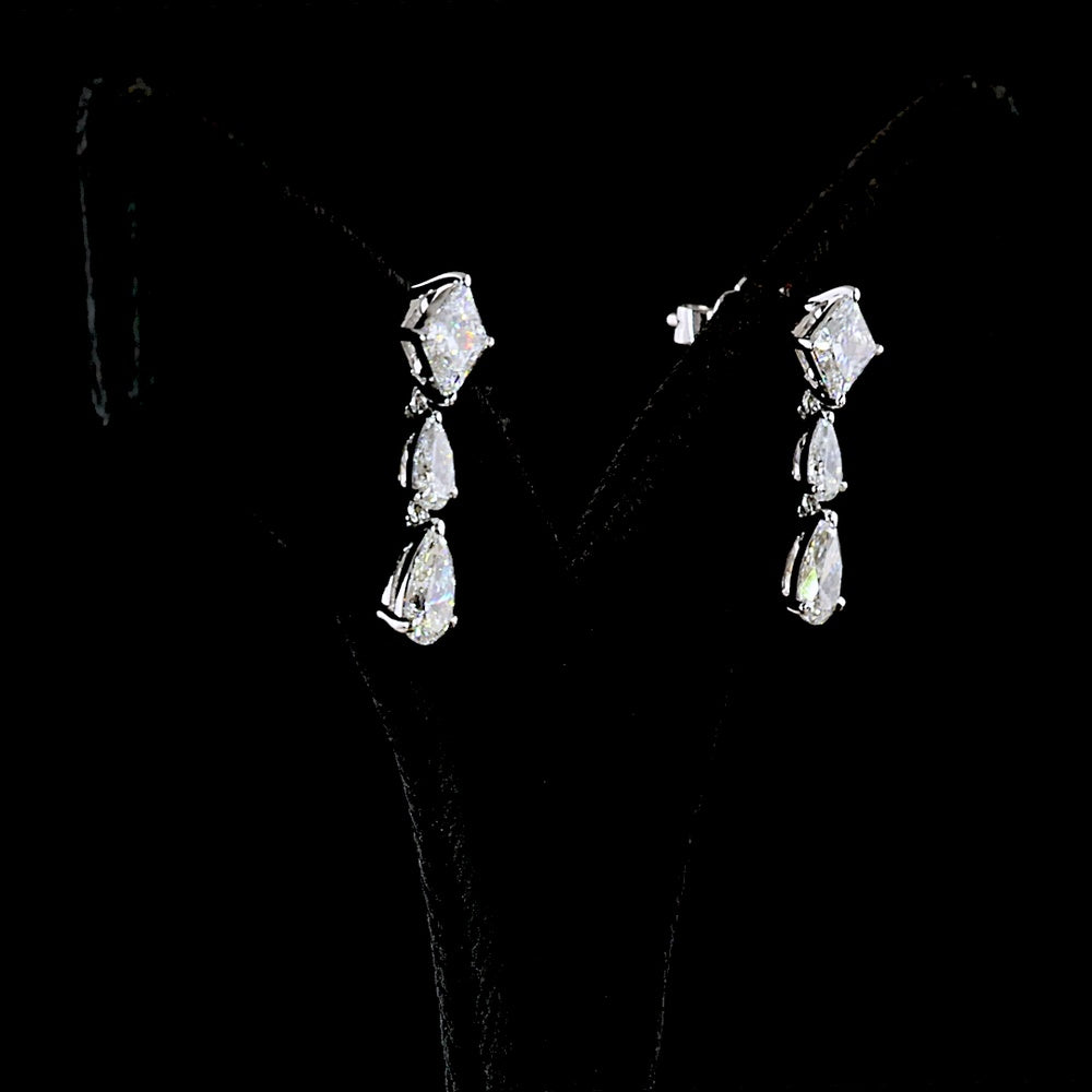 14K White Gold North-South Hanging Earrings with Princess Cut and Pear Shape Lab Diamonds - 2.97 Carats Total Diamond Weight - Covaloro Fine Jewelry