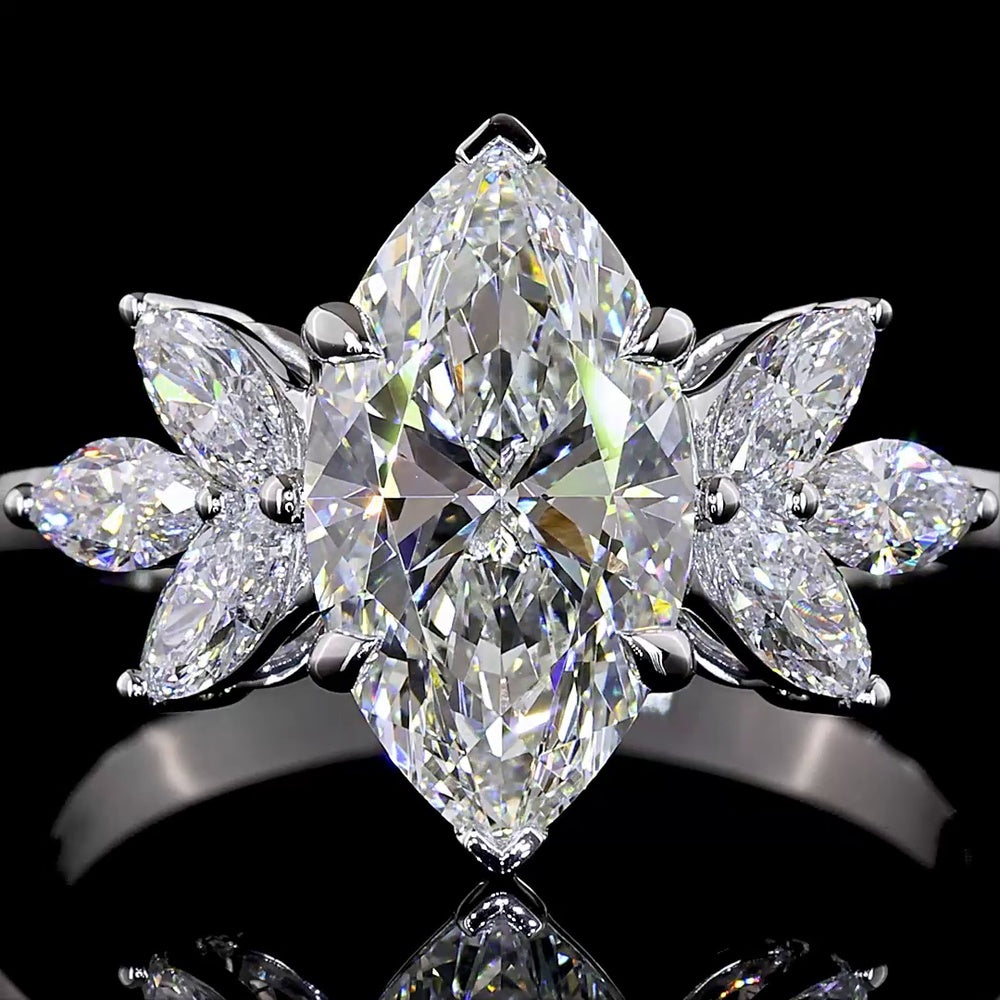 14K White Gold North-South Marquise Cut Cluster Ring with 2.02 Carat Center Lab Diamond and Six Accent Stones - 2.62 Carats Total Diamond Weight - Covaloro Fine Jewelry