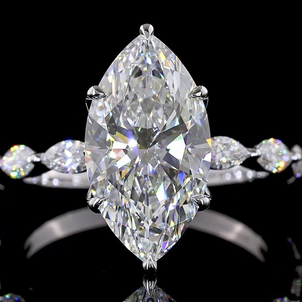 14K White Gold North-South Marquise Cut Hidden Halo Ring with Lab Grown E VS1 Diamond - 3.71 Carats Total Diamond Weight - Covaloro Fine Jewelry