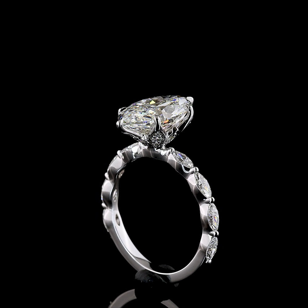 14K White Gold North-South Marquise Cut Hidden Halo Ring with Lab Grown E VS1 Diamond - 3.71 Carats Total Diamond Weight - Covaloro Fine Jewelry