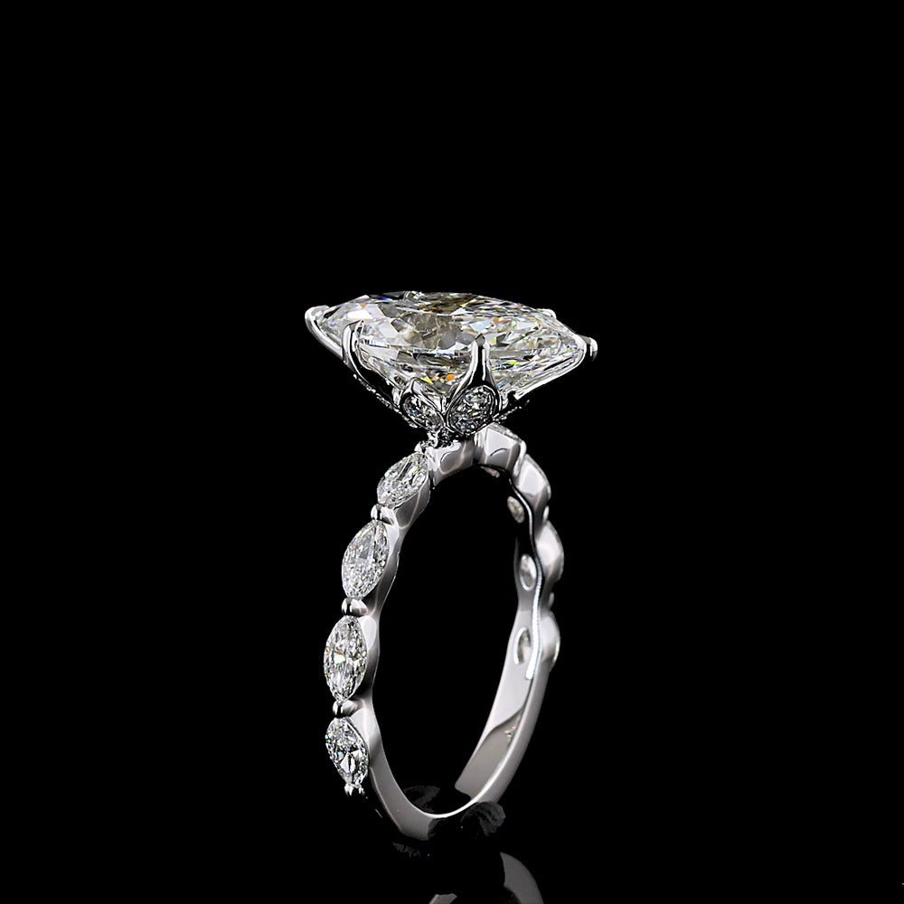 14K White Gold North-South Marquise Cut Hidden Halo Ring with Lab Grown E VS1 Diamond - 3.71 Carats Total Diamond Weight - Covaloro Fine Jewelry