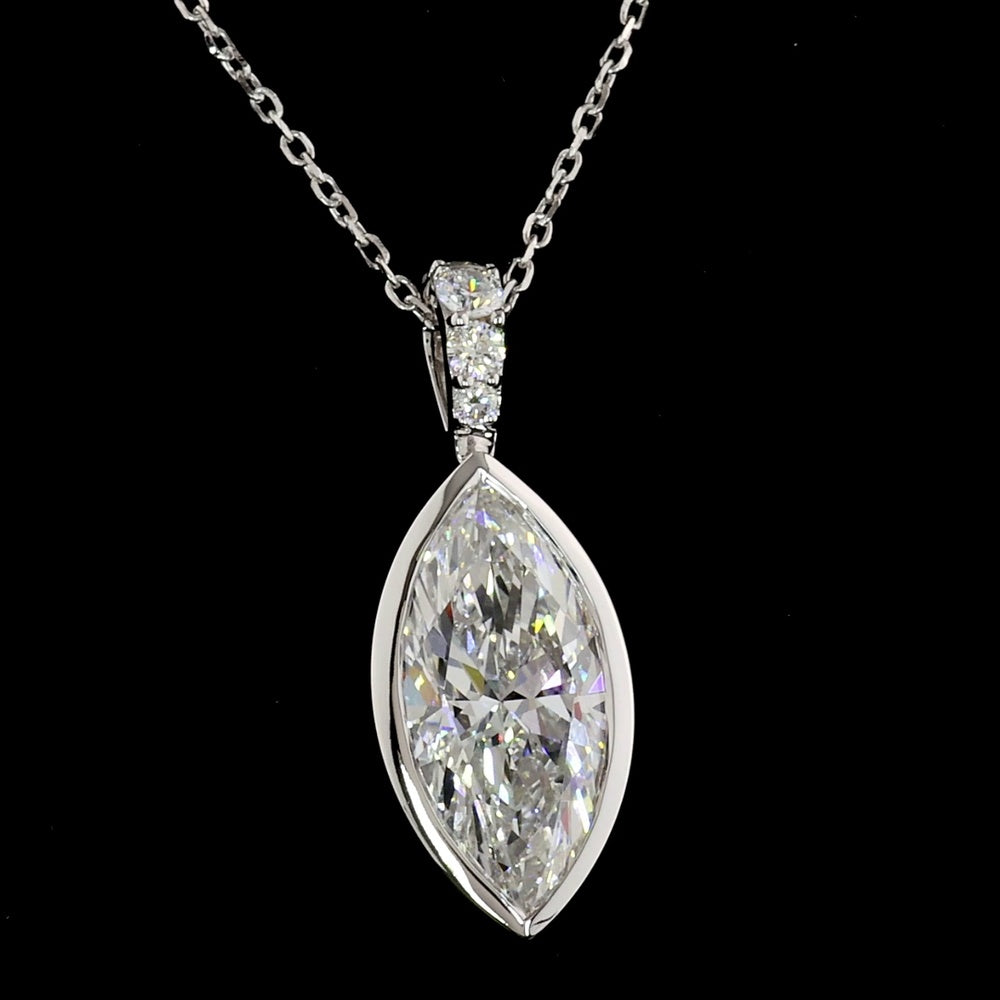 14K White Gold North-South Marquise Cut Lab Diamond Pendant with Bezel Setting and Accent Diamonds - 2.62 Carat Total Weight, E-F Color VS Clarity - Covaloro Fine Jewelry