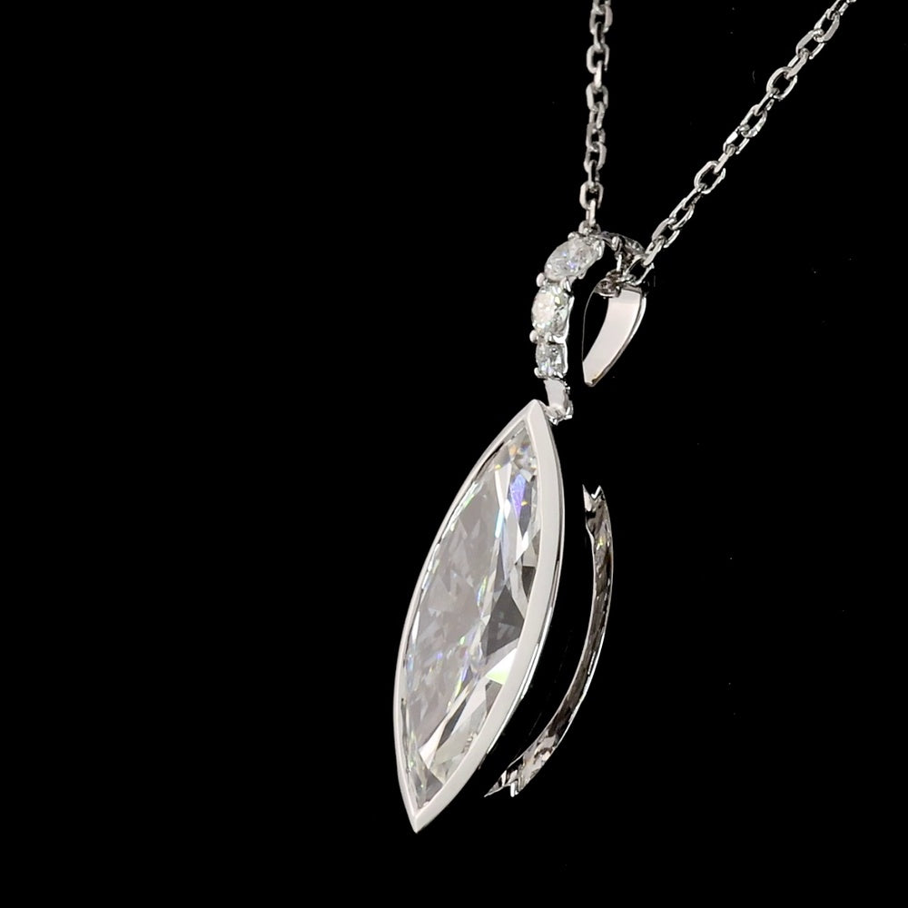 14K White Gold North-South Marquise Cut Lab Diamond Pendant with Bezel Setting and Accent Diamonds - 2.62 Carat Total Weight, E-F Color VS Clarity - Covaloro Fine Jewelry