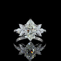 14K White Gold North-South Marquise Cut Lab Diamond Ring with Floral Side Stones - 2.66 Carat Total Diamond Weight, D VVS2 Center - Covaloro Fine Jewelry