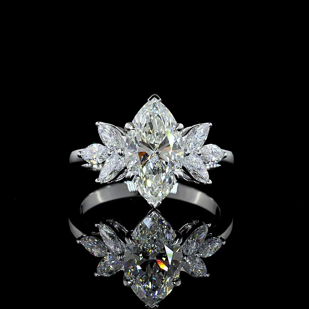 14K White Gold North-South Marquise Cut Lab Diamond Ring with Floral Side Stones - 2.66 Carat Total Diamond Weight, D VVS2 Center - Covaloro Fine Jewelry