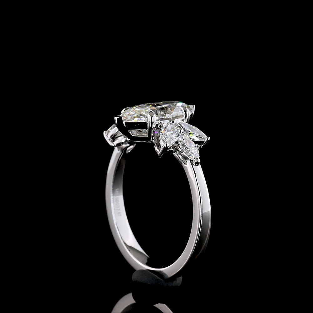 14K White Gold North-South Marquise Cut Lab Diamond Ring with Floral Side Stones - 2.66 Carat Total Diamond Weight, D VVS2 Center - Covaloro Fine Jewelry
