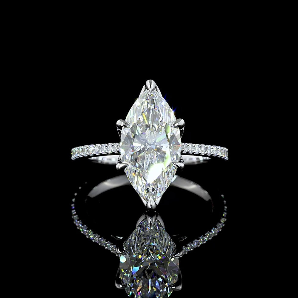 14K White Gold North-South Marquise Cut Lab Diamond Solitaire Shank Ring with 33 Accent Diamonds - 3.45 Carats Total Diamond Weight - Covaloro Fine Jewelry