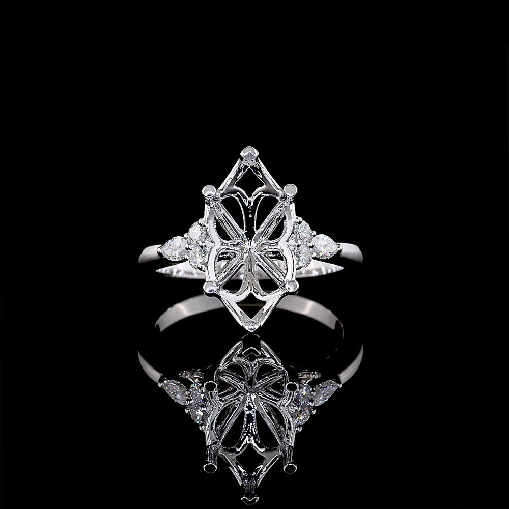 14K White Gold North-South Marquise Shape Special Ring with Floral Cage Design - 3.47 Carats Total Weight Lab Diamonds (Center 3.22 Carats E VVS2 Marquise) - Covaloro Fine Jewelry