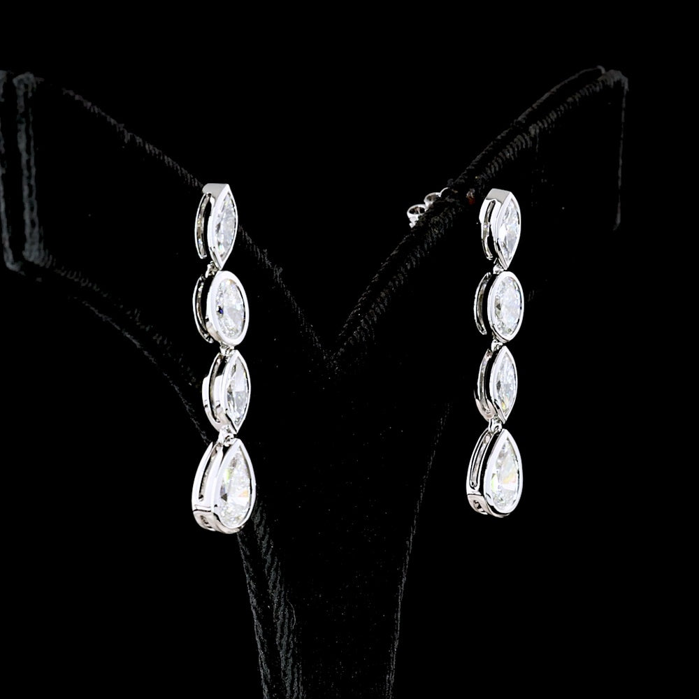 14K White Gold North-South Mixed Shape Hanging Earrings with Bezel Set Marquise Oval and Pear Lab Diamonds - 3.57 Carats Total Diamond Weight - Covaloro Fine Jewelry