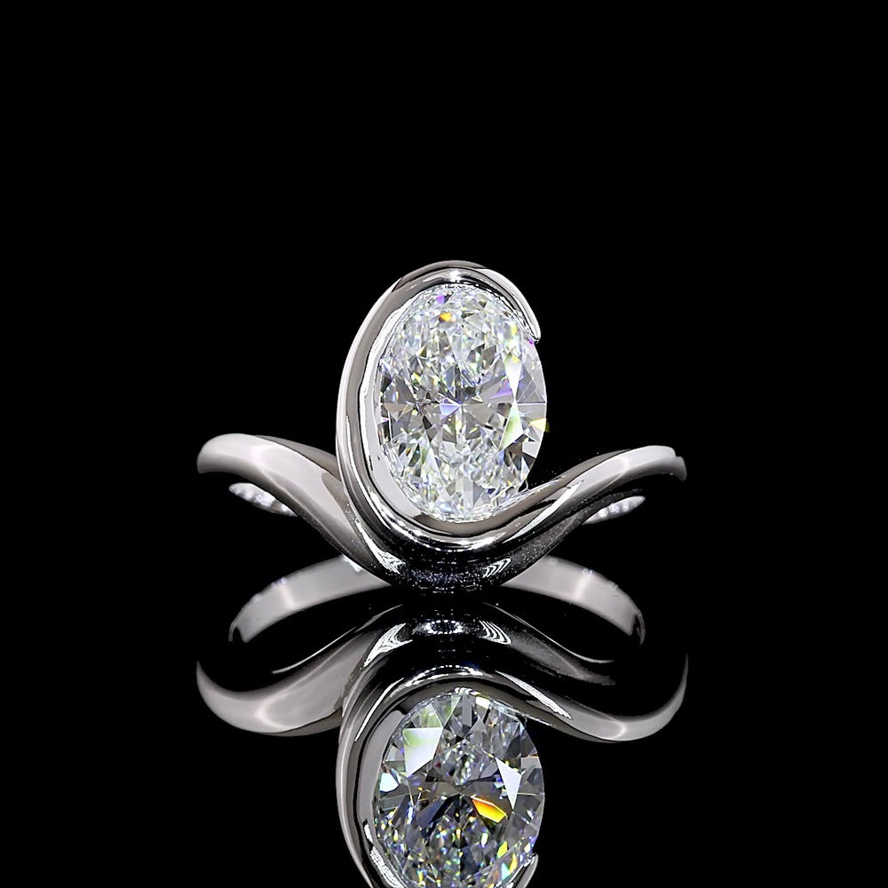 14K White Gold North-South Oval Cut Lab Diamond Solitaire Ring - 1.51 Carat, E Color VVS2 Clarity with Half Bezel Setting - Covaloro Fine Jewelry