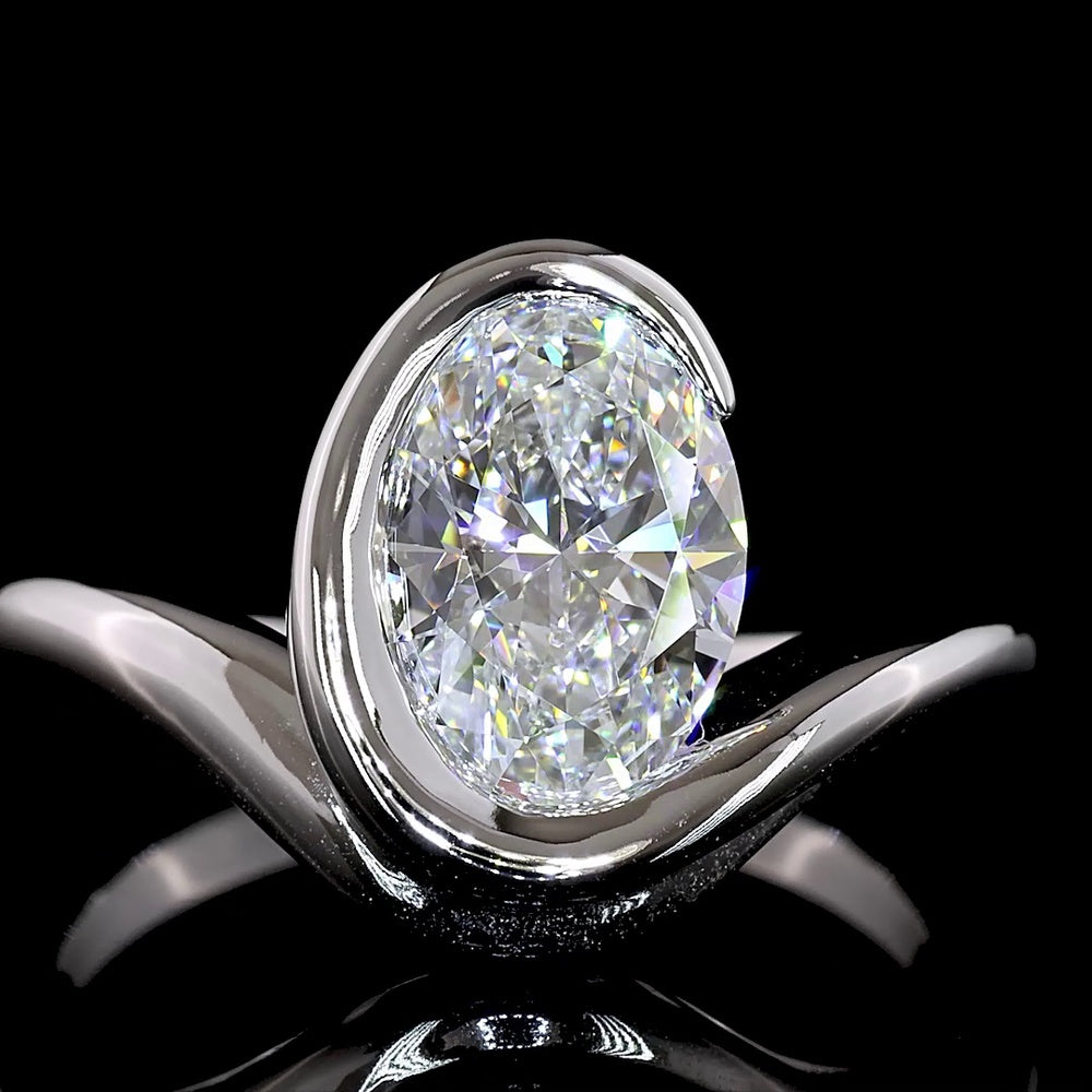 14K White Gold North-South Oval Cut Lab Diamond Solitaire Ring - 1.51 Carat, E Color VVS2 Clarity with Half Bezel Setting - Covaloro Fine Jewelry