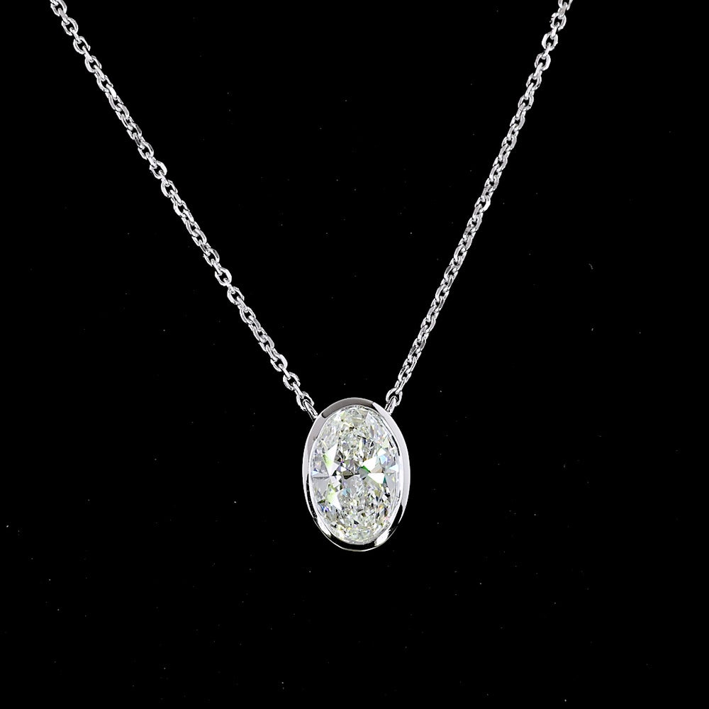 14K White Gold North-South Oval Cut Solitaire Pendant with Bezel Set Lab Diamond - 1.58 Carat Total Diamond Weight (E-F Color, VS1 Clarity) - Covaloro Fine Jewelry