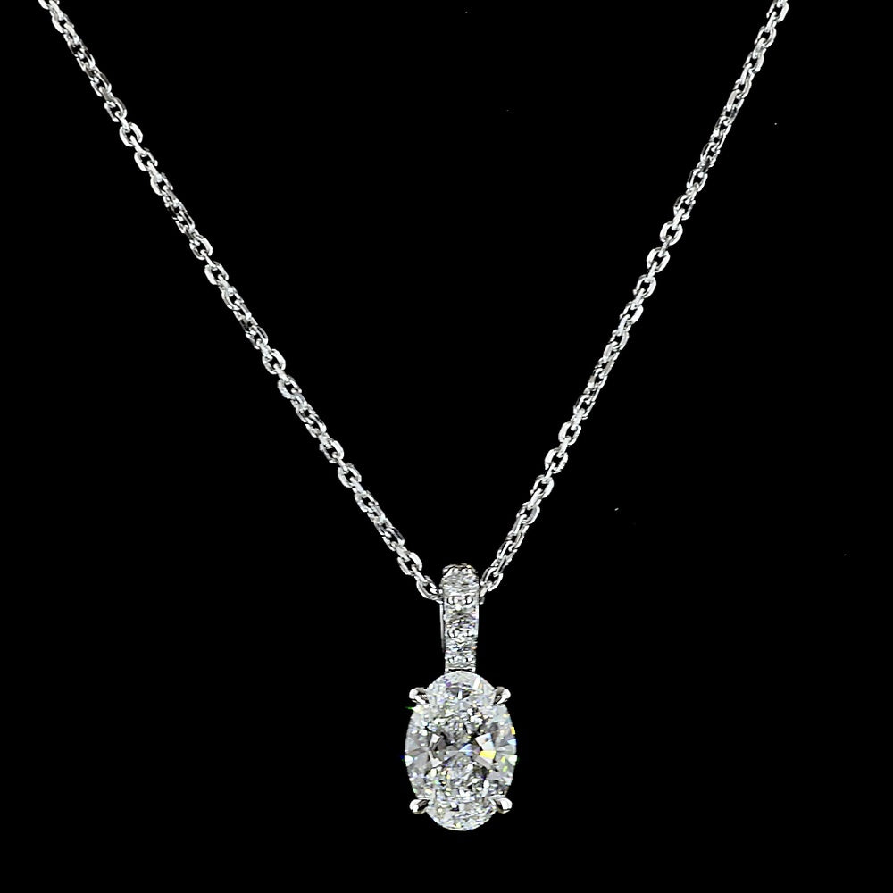 14K White Gold North-South Oval Pendant with Brilliant Cut Lab Diamond Accent Bail - 1.07 Carats Total Diamond Weight E-F VS1 - Covaloro Fine Jewelry