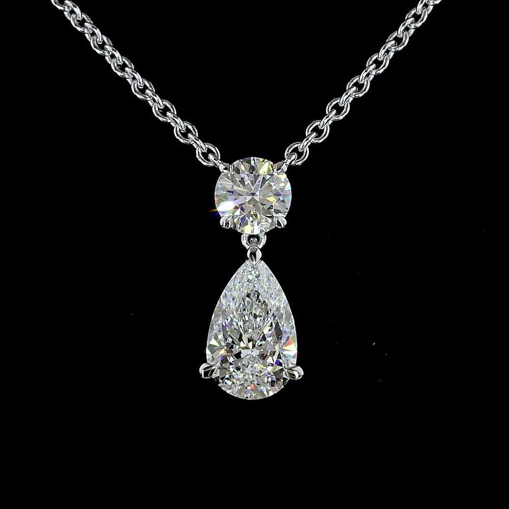 14K White Gold North-South Pear and Round Cut Lab Diamond Pendant - 2.43 Carat Total Weight, E VS1 GIA Certified - Covaloro Fine Jewelry