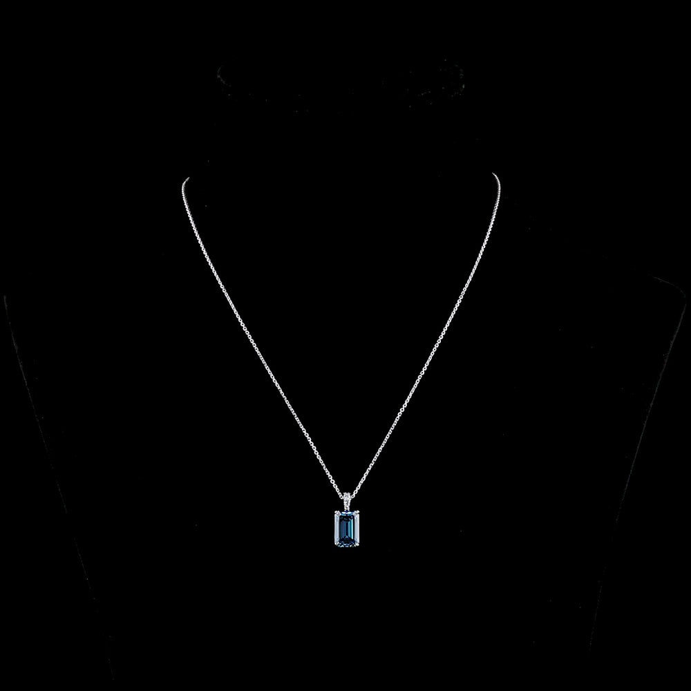 14K White Gold North-South Pendant with 3.47 Carat Emerald Cut Fancy Vivid Blue Lab Diamond and Brilliant Cut Lab Diamond Accents - 3.54 Carat Total Weight - Covaloro Fine Jewelry