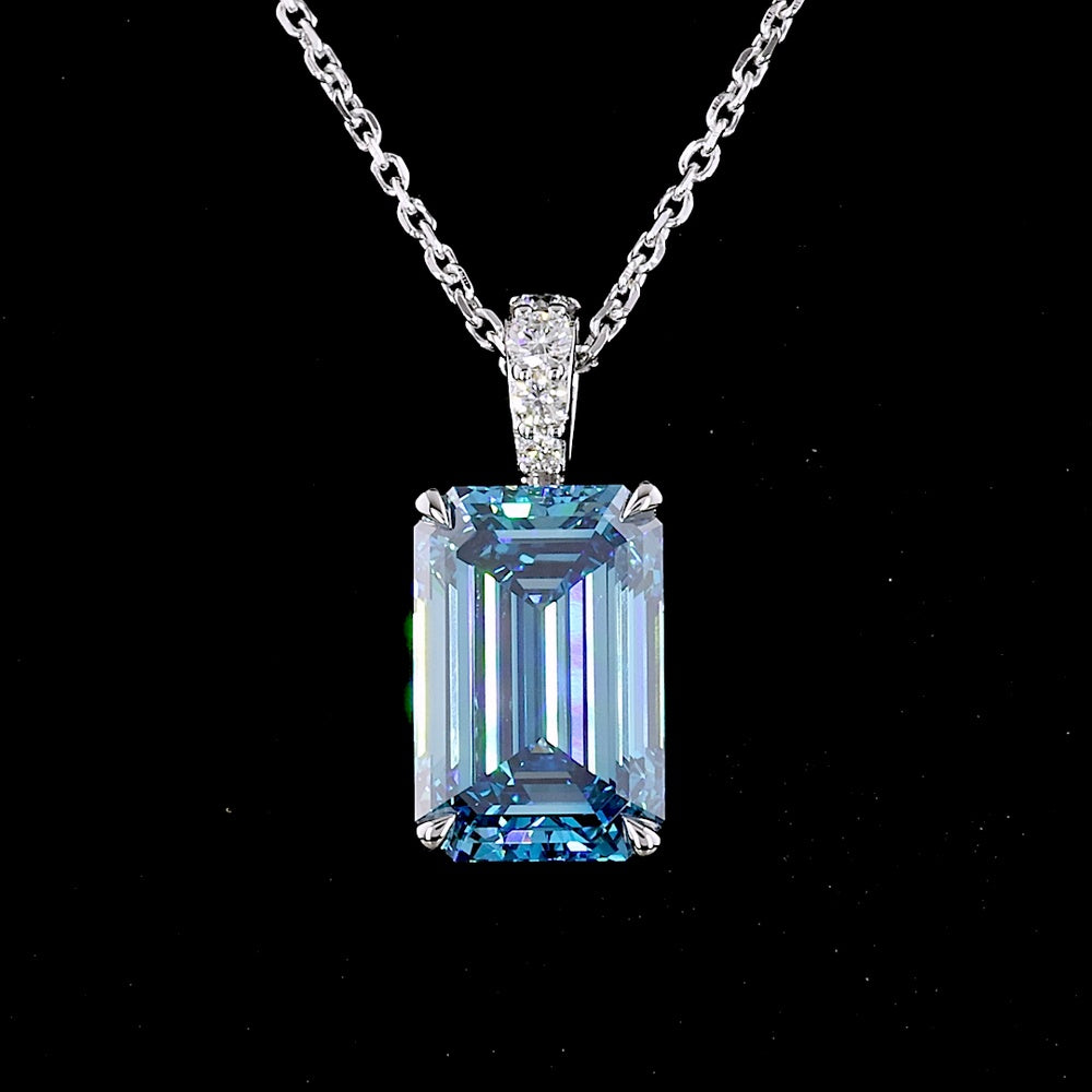 14K White Gold North-South Pendant with 3.47 Carat Emerald Cut Fancy Vivid Blue Lab Diamond and Brilliant Cut Lab Diamond Accents - 3.54 Carat Total Weight - Covaloro Fine Jewelry