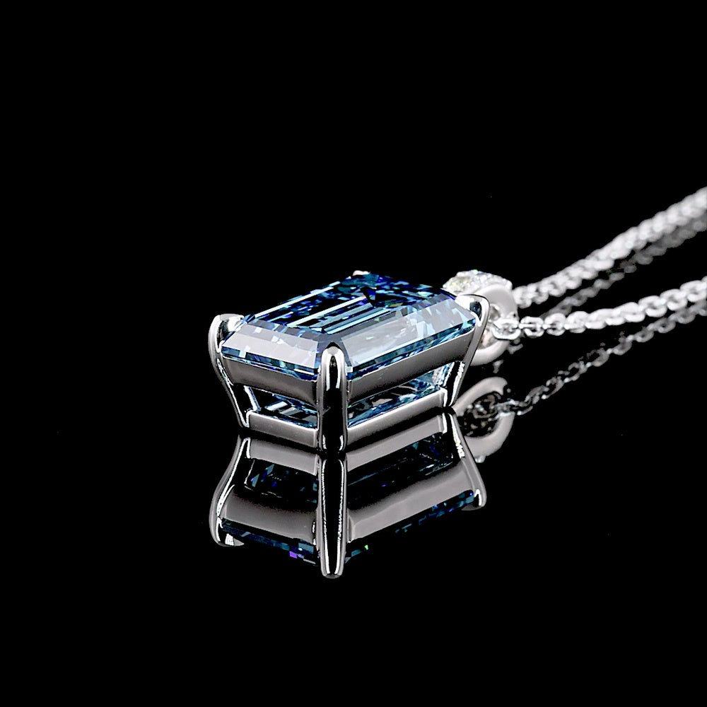 14K White Gold North-South Pendant with 3.47 Carat Emerald Cut Fancy Vivid Blue Lab Diamond and Brilliant Cut Lab Diamond Accents - 3.54 Carat Total Weight - Covaloro Fine Jewelry
