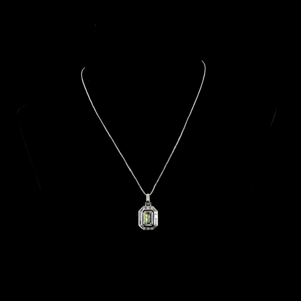 14K White Gold North-South Pendant with Bezel Set 4.57 Carat Emerald Cut Lab Diamond and Baguette Diamond Halo - 8.94 Carat Total Diamond Weight - Covaloro Fine Jewelry