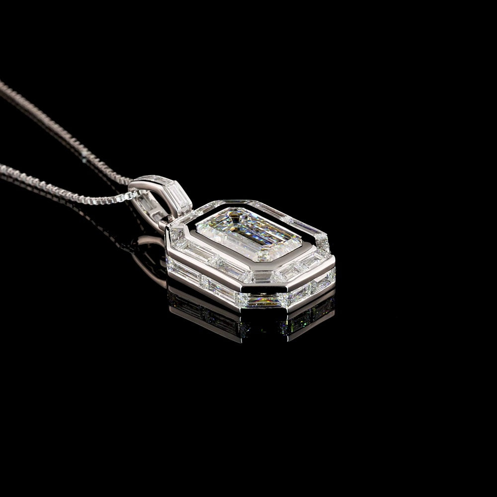 14K White Gold North-South Pendant with Bezel Set 4.57 Carat Emerald Cut Lab Diamond and Baguette Diamond Halo - 8.94 Carat Total Diamond Weight - Covaloro Fine Jewelry