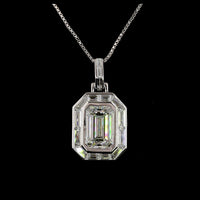 14K White Gold North-South Pendant with Bezel Set 4.57 Carat Emerald Cut Lab Diamond and Baguette Diamond Halo - 8.94 Carat Total Diamond Weight - Covaloro Fine Jewelry