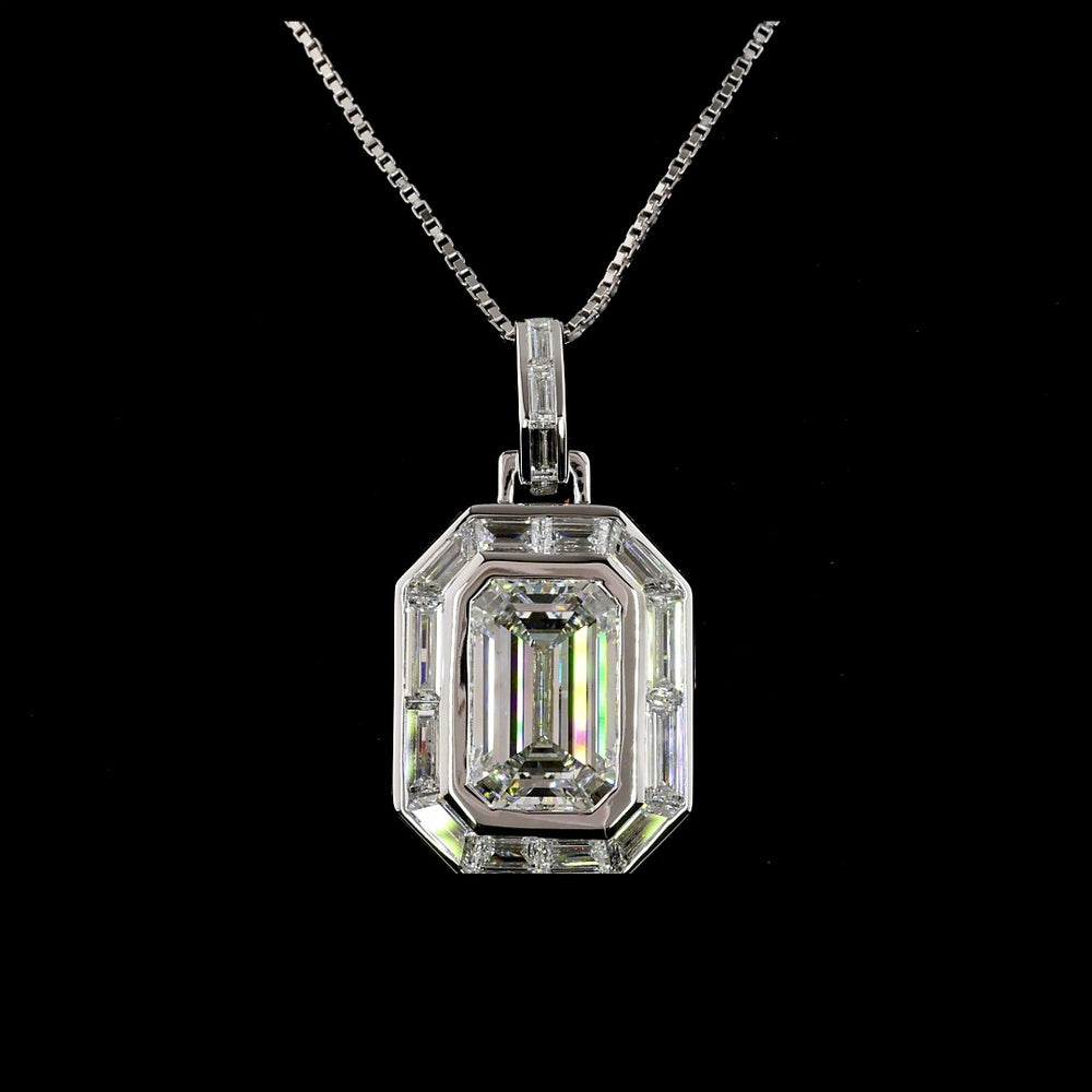 14K White Gold North-South Pendant with Bezel Set 4.57 Carat Emerald Cut Lab Diamond and Baguette Diamond Halo - 8.94 Carat Total Diamond Weight - Covaloro Fine Jewelry