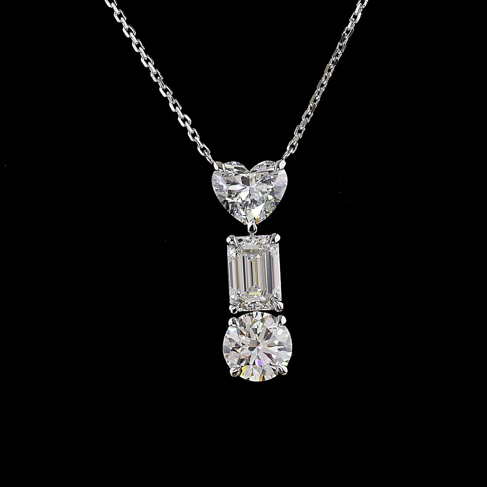 14K White Gold North-South Pendant with Heart, Emerald Cut, and Brilliant Cut Lab Diamonds - 3.11 Carats Total Diamond Weight - Covaloro Fine Jewelry