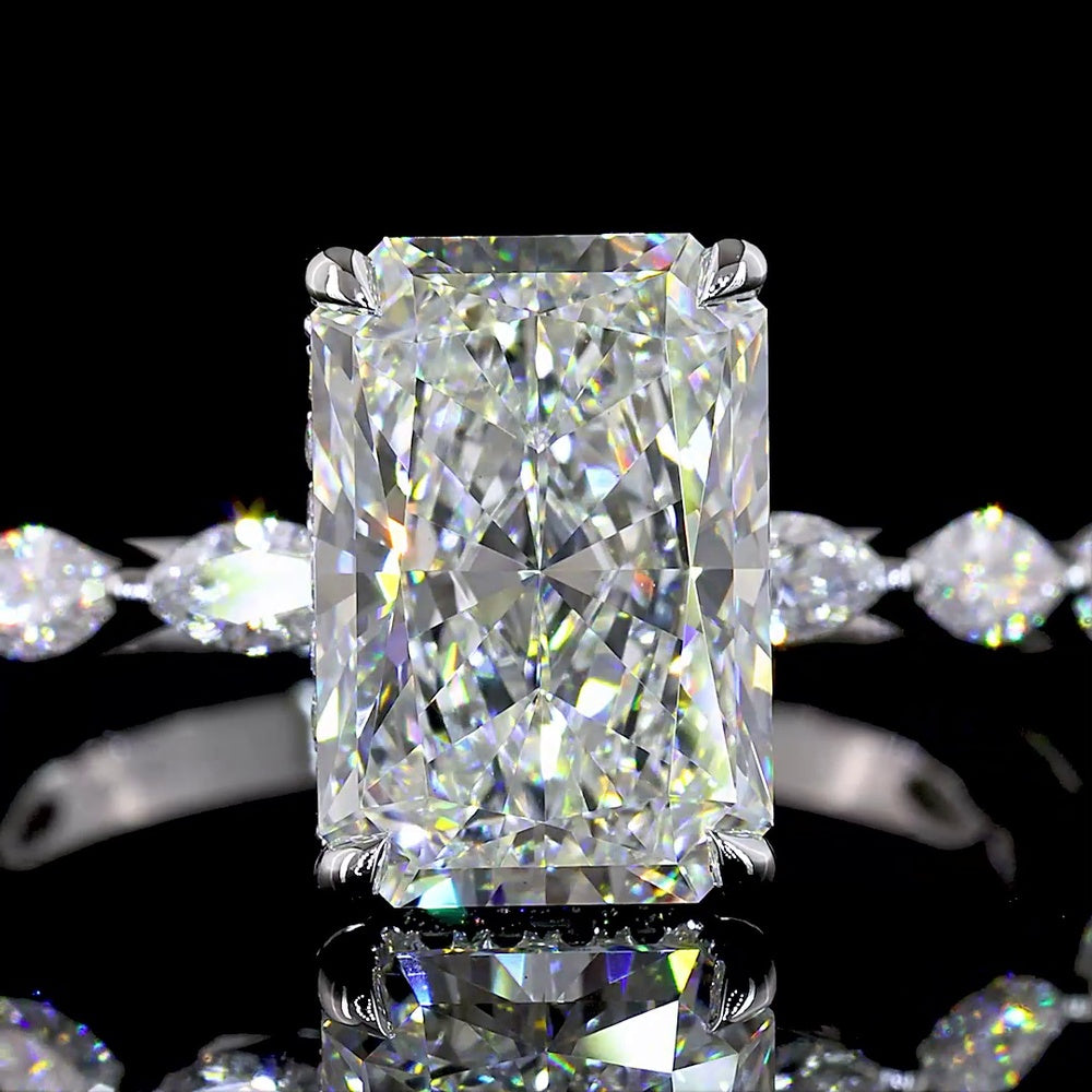 14K White Gold North-South Radiant Cut Hidden Halo Ring with Marquise Diamond Band - 3.60 Carats Total Diamond Weight (IGI Certified) - Covaloro Fine Jewelry