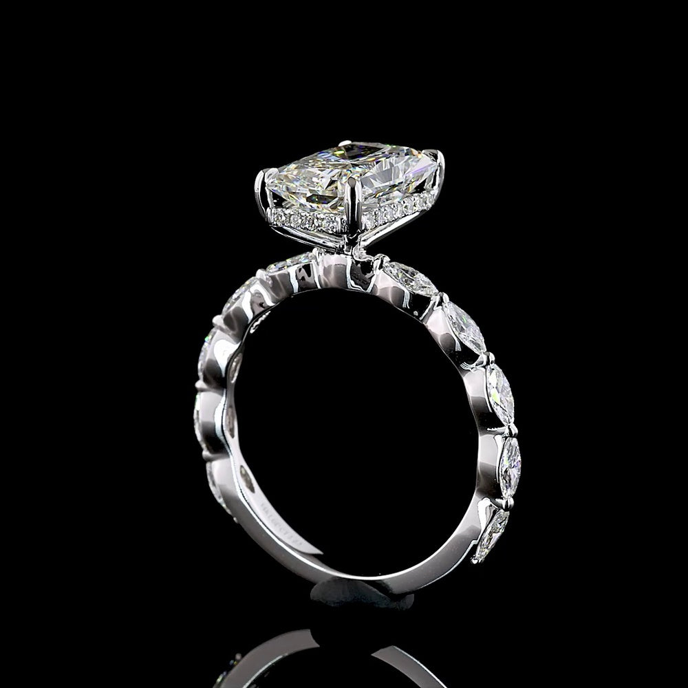 14K White Gold North-South Radiant Cut Hidden Halo Ring with Marquise Diamond Band - 3.60 Carats Total Diamond Weight (IGI Certified) - Covaloro Fine Jewelry