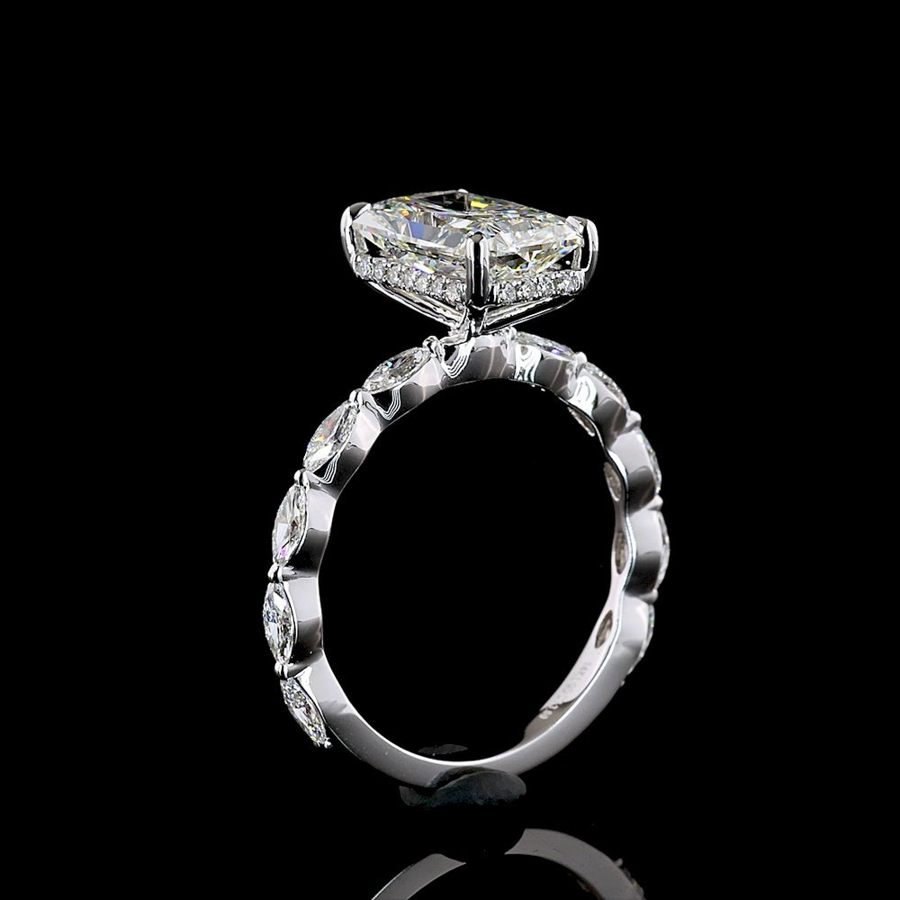 14K White Gold North-South Radiant Cut Hidden Halo Ring with Marquise Diamond Band - 3.60 Carats Total Diamond Weight (IGI Certified) - Covaloro Fine Jewelry