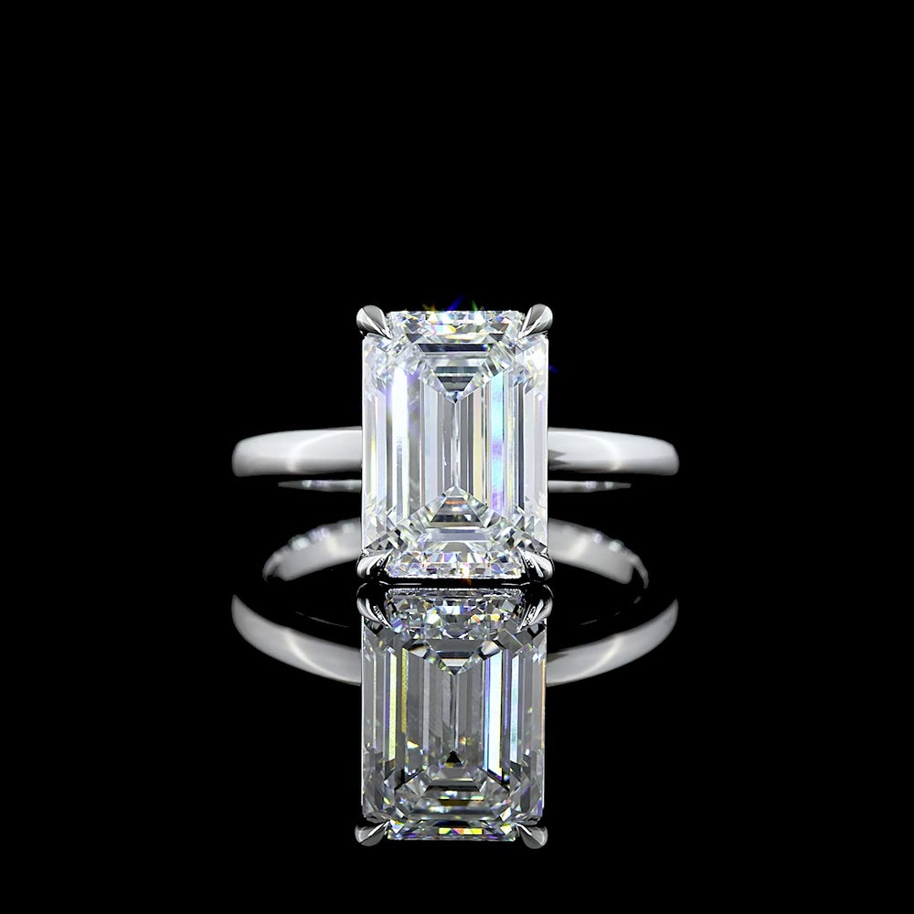14K White Gold North-South Solitaire Ring with 4.09 Carat Emerald Cut Lab Diamond - D VVS2 Clarity, IGI Certified - Covaloro Fine Jewelry