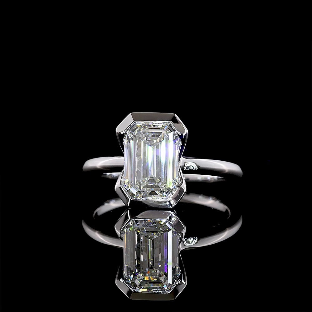 14K White Gold North-South Solitaire Ring with Half Bezel Set 2.23 Carat Emerald Cut Lab Diamond - E-F VVS2 IGI Certified - Covaloro Fine Jewelry