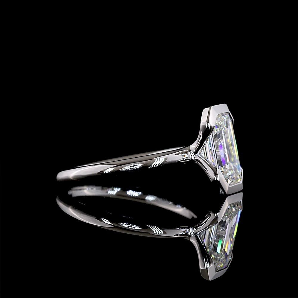 14K White Gold North-South Solitaire Ring with Half Bezel Set 2.23 Carat Emerald Cut Lab Diamond - E-F VVS2 IGI Certified - Covaloro Fine Jewelry