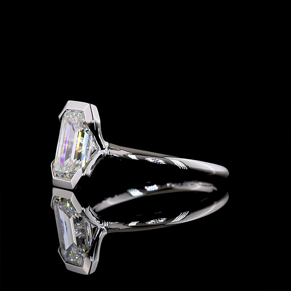 14K White Gold North-South Solitaire Ring with Half Bezel Set 2.23 Carat Emerald Cut Lab Diamond - E-F VVS2 IGI Certified - Covaloro Fine Jewelry