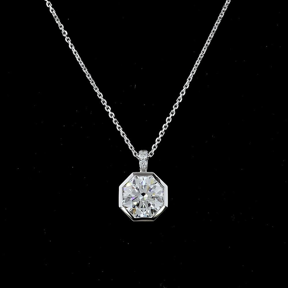 14K White Gold Octagon Hearts & Arrows Lab Diamond Pendant with Bezel Setting and Brilliant Accent Stones - 2.57 Carat Total Weight - Covaloro Fine Jewelry