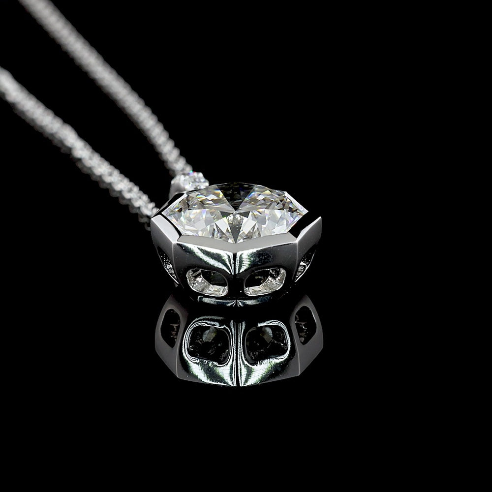14K White Gold Octagon Hearts & Arrows Lab Diamond Pendant with Bezel Setting and Brilliant Accent Stones - 2.57 Carat Total Weight - Covaloro Fine Jewelry
