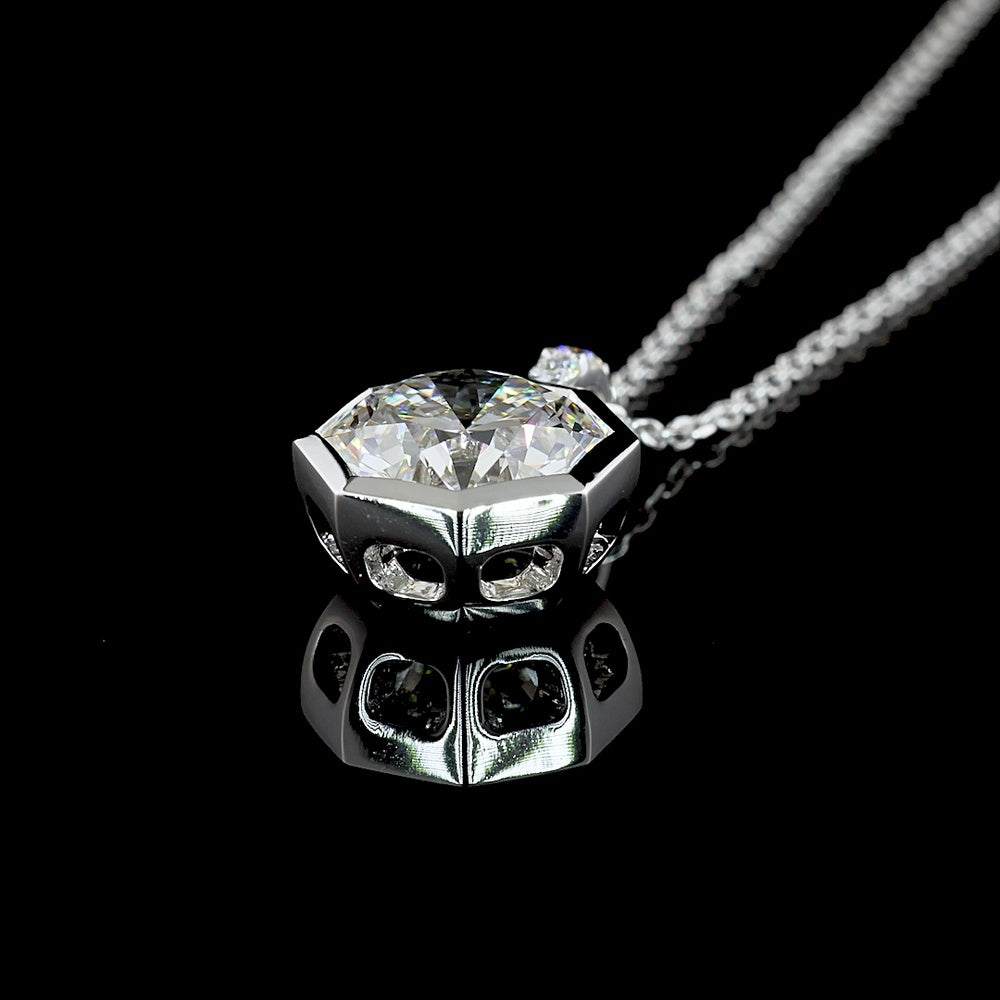 14K White Gold Octagon Hearts & Arrows Lab Diamond Pendant with Bezel Setting and Brilliant Accent Stones - 2.57 Carat Total Weight - Covaloro Fine Jewelry