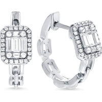 14K White Gold Octagonal Baguette and Round Diamond Cluster Huggie Earrings with Halo Setting - 0.43 Carat Total Diamond Weight by Auriventus