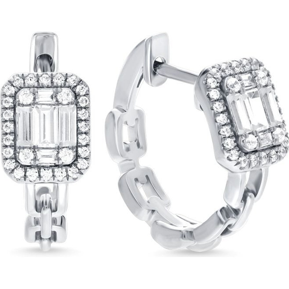 14K White Gold Octagonal Baguette and Round Diamond Cluster Huggie Earrings with Halo Setting - 0.43 Carat Total Diamond Weight by Auriventus