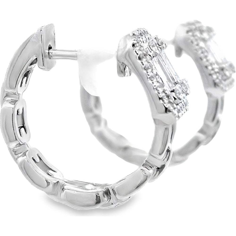 14K White Gold Octagonal Baguette and Round Diamond Cluster Huggie Earrings with Halo Setting - 0.43 Carat Total Diamond Weight by Auriventus