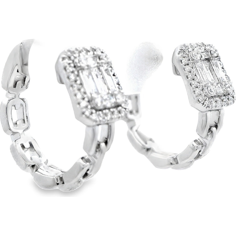 14K White Gold Octagonal Baguette and Round Diamond Cluster Huggie Earrings with Halo Setting - 0.43 Carat Total Diamond Weight by Auriventus
