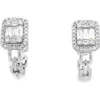 14K White Gold Octagonal Baguette and Round Diamond Cluster Huggie Earrings with Halo Setting - 0.43 Carat Total Diamond Weight by Auriventus