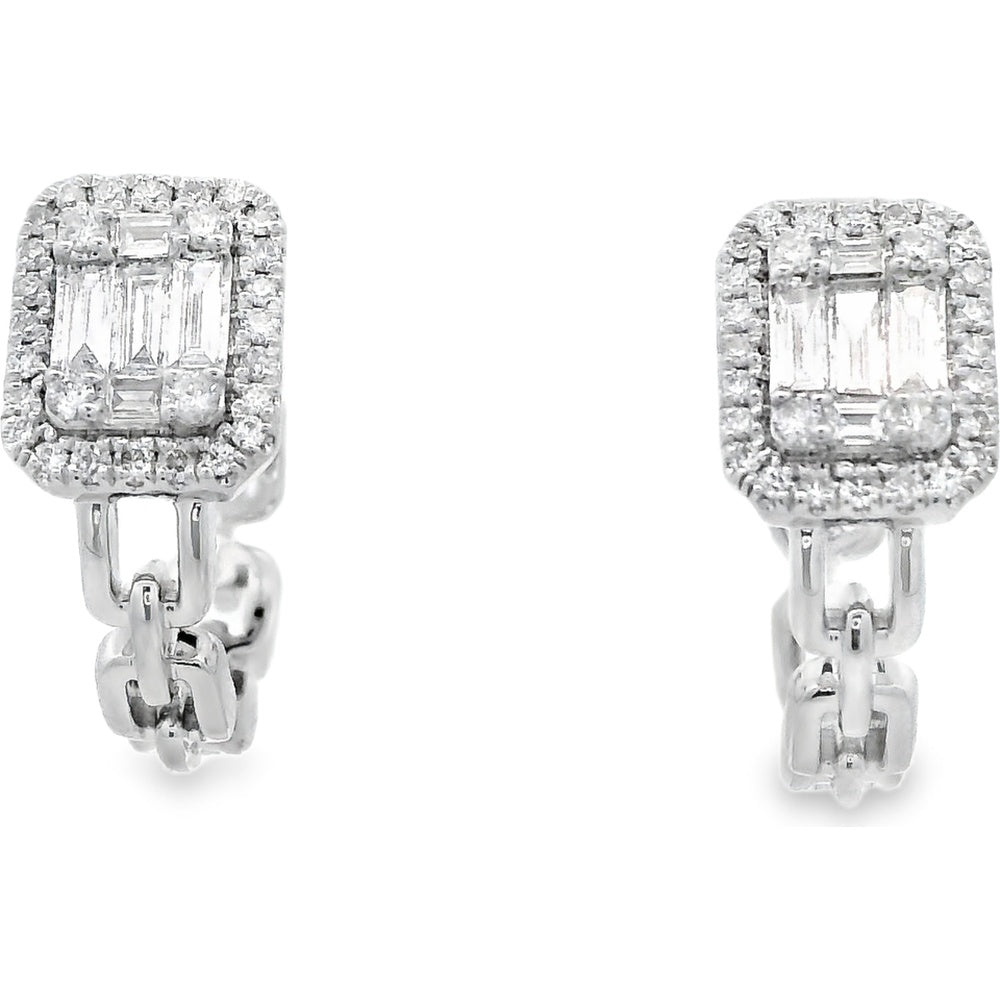 14K White Gold Octagonal Baguette and Round Diamond Cluster Huggie Earrings with Halo Setting - 0.43 Carat Total Diamond Weight by Auriventus