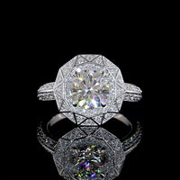 14K White Gold Octagonal Geometric Halo Ring with 1.79 Carat Round Brilliant Lab Diamond and Accent Stones - 2.37 Total Carat Weight - Covaloro Fine Jewelry