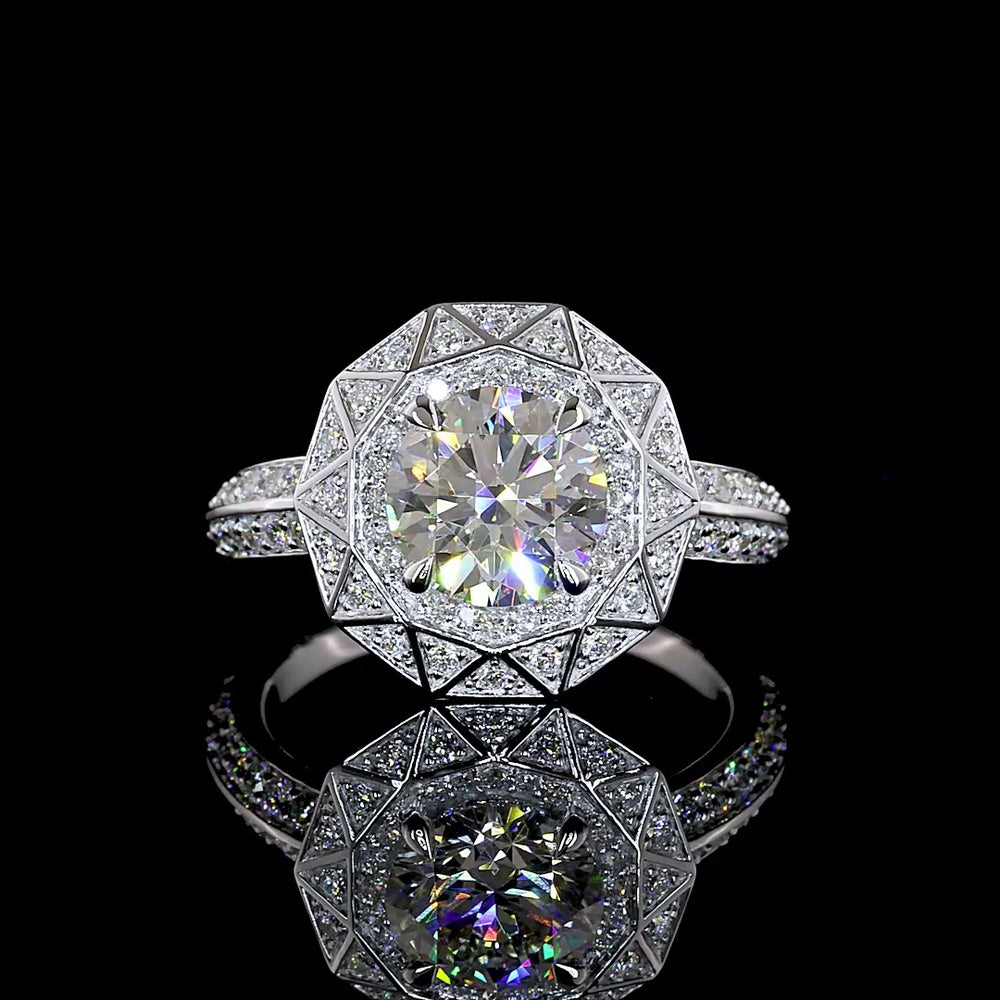 14K White Gold Octagonal Geometric Halo Ring with 1.79 Carat Round Brilliant Lab Diamond and Accent Stones - 2.37 Total Carat Weight - Covaloro Fine Jewelry