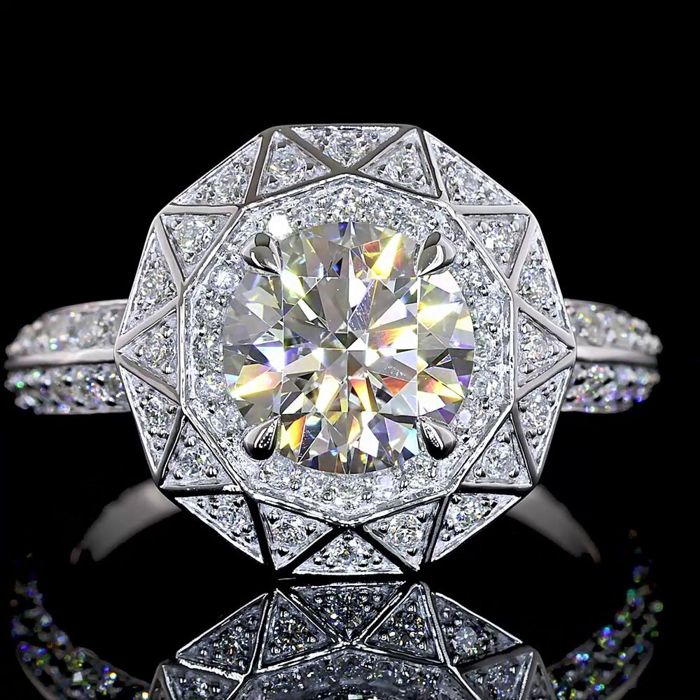 14K White Gold Octagonal Geometric Halo Ring with 1.79 Carat Round Brilliant Lab Diamond and Accent Stones - 2.37 Total Carat Weight - Covaloro Fine Jewelry