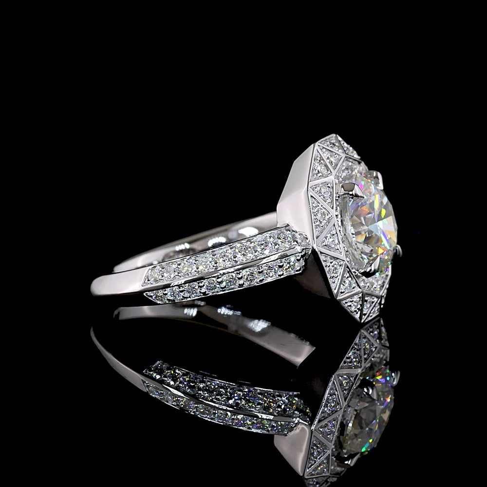 14K White Gold Octagonal Geometric Halo Ring with 1.79 Carat Round Brilliant Lab Diamond and Accent Stones - 2.37 Total Carat Weight - Covaloro Fine Jewelry