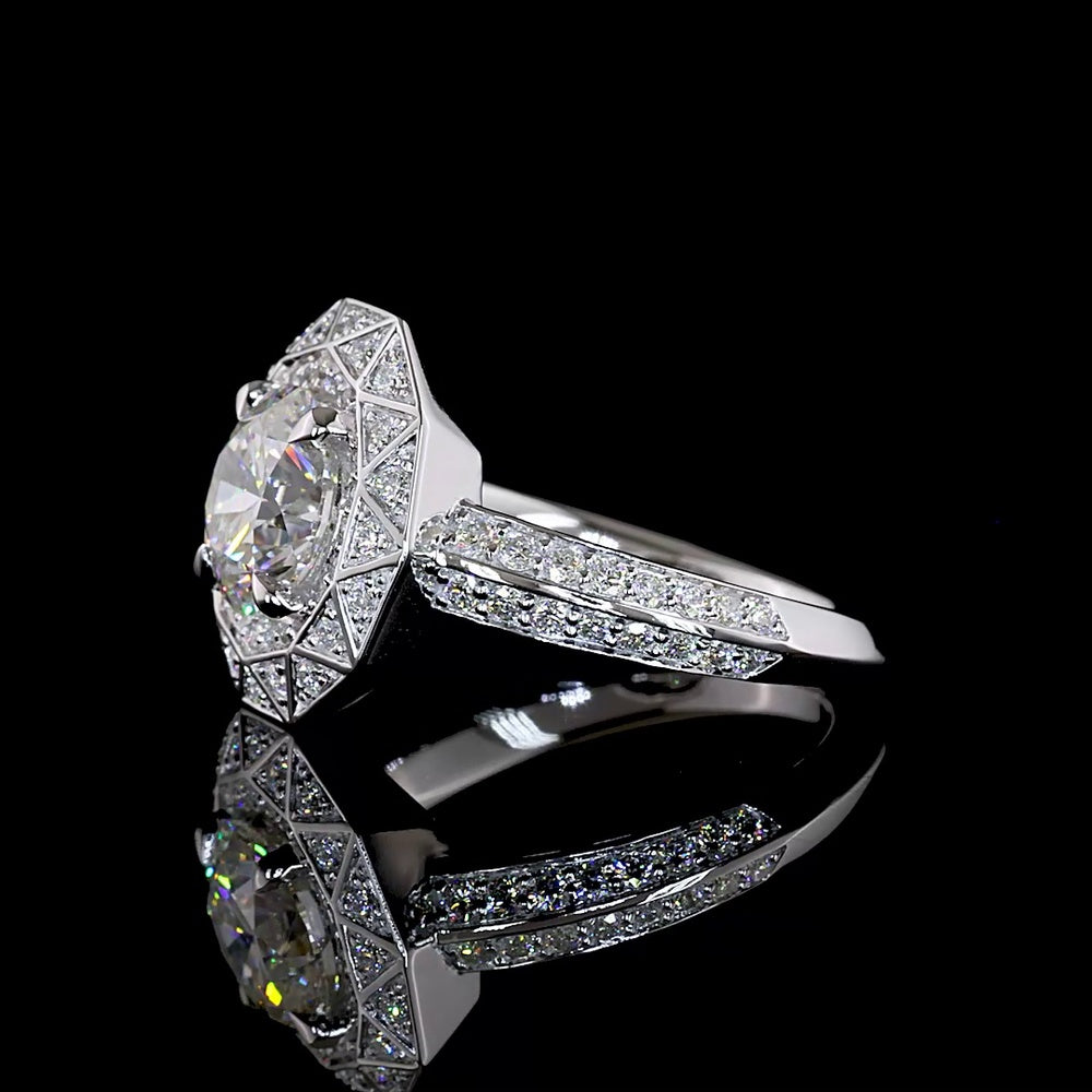 14K White Gold Octagonal Geometric Halo Ring with 1.79 Carat Round Brilliant Lab Diamond and Accent Stones - 2.37 Total Carat Weight - Covaloro Fine Jewelry