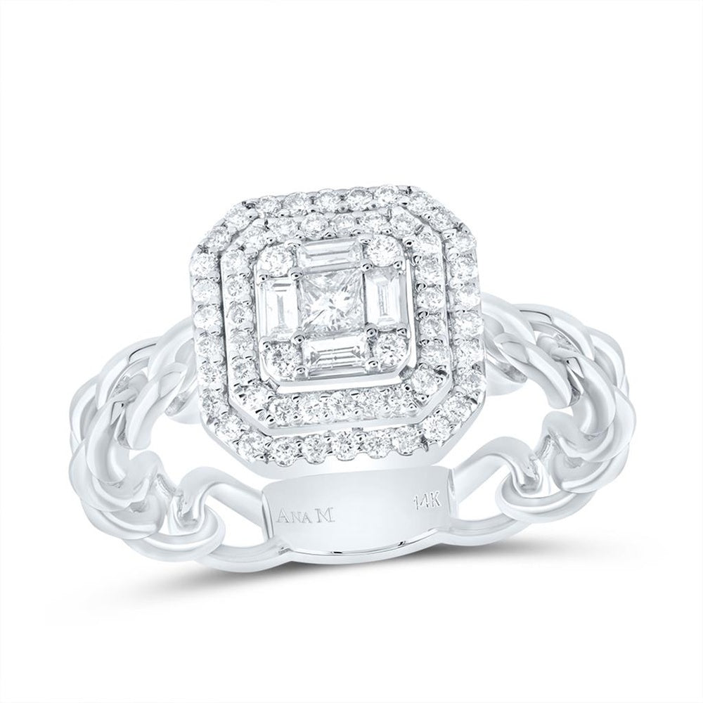 14K White Gold Octagonal Geometric Natural Diamond Ring with Open-Link Shank - 1/2 Carat Total Diamond Weight
