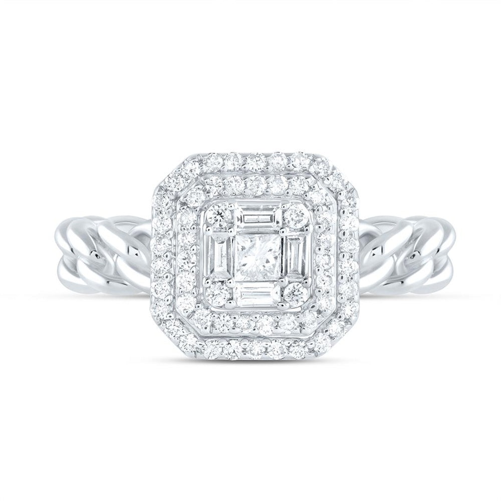 14K White Gold Octagonal Geometric Natural Diamond Ring with Open-Link Shank - 1/2 Carat Total Diamond Weight