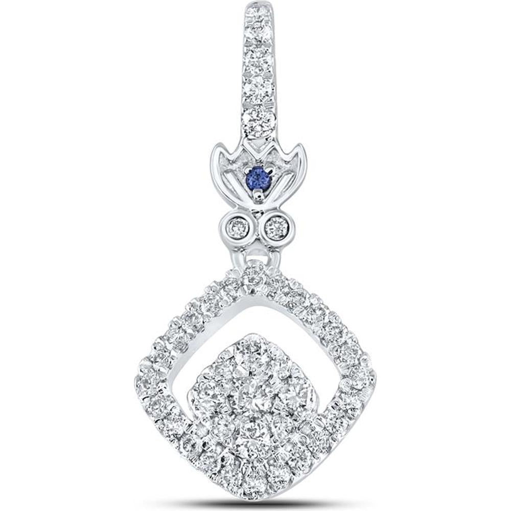 14K White Gold Offset Square Halo Pendant with Round Diamonds and Blue Sapphire - 0.26 Carat Diamond, 0.01 Carat Sapphire Total Weight